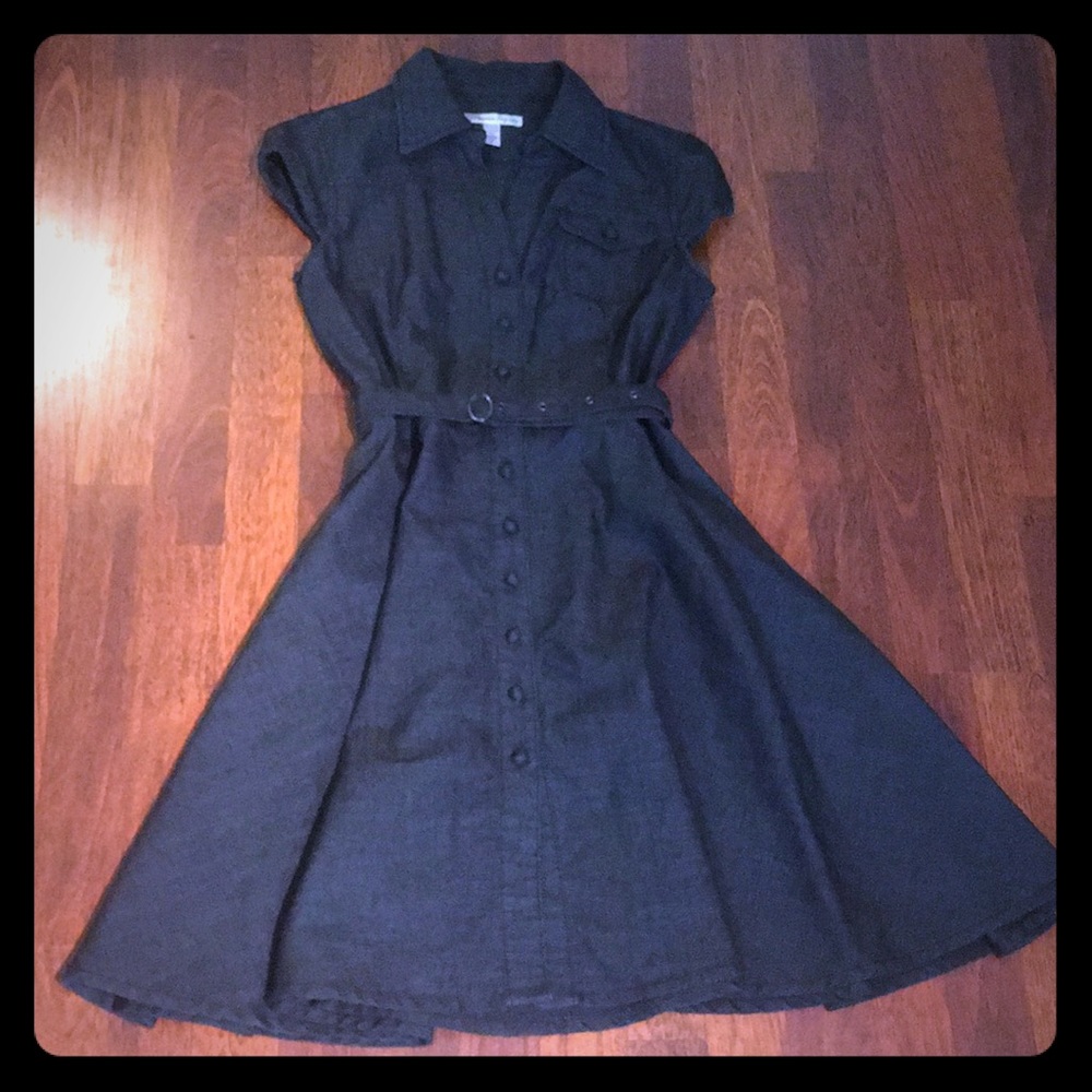 Dark blue denim, button front, fit and flare dress